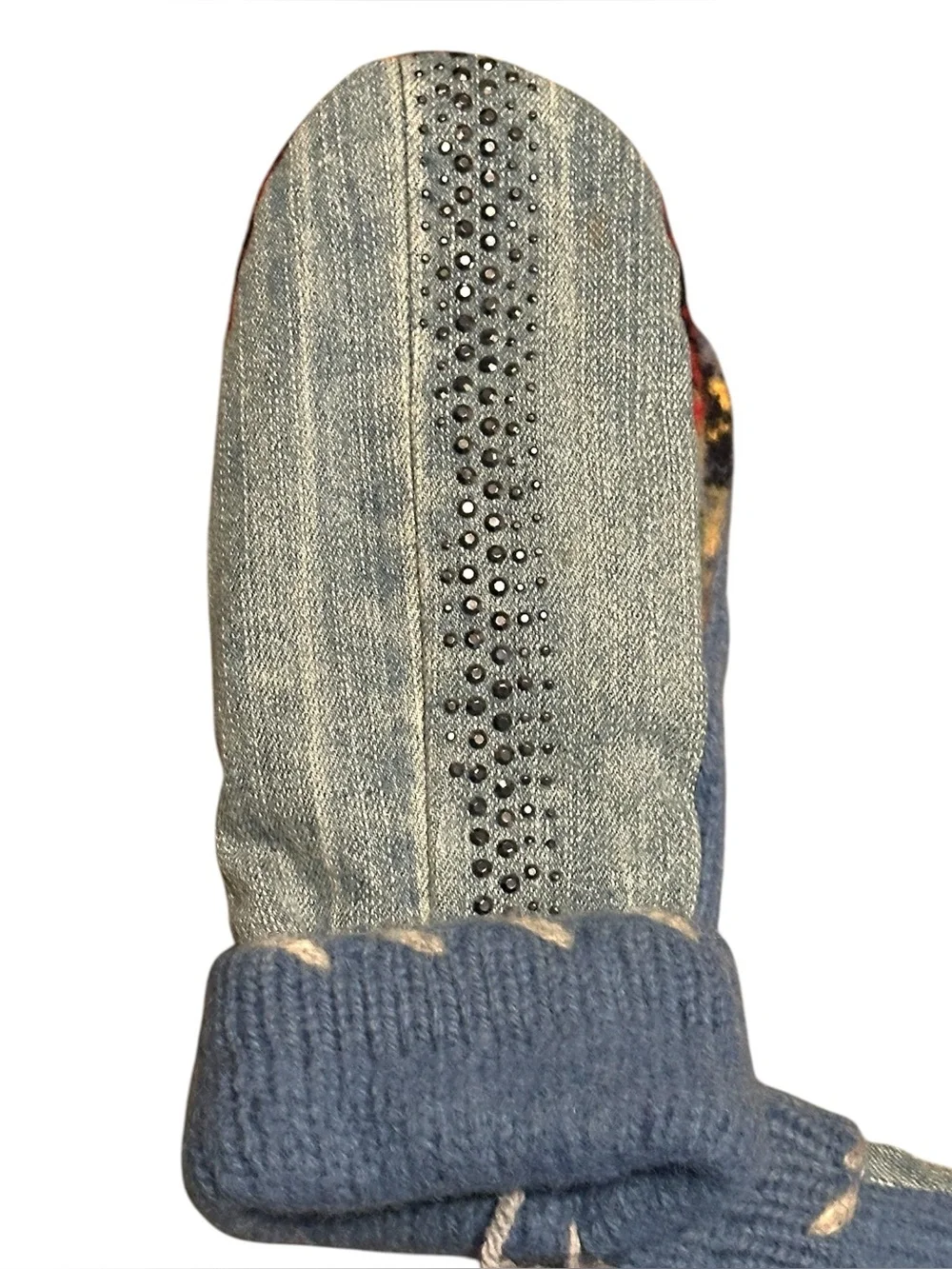 NWT Handmade Upcycled Denim Mittens Blue Fleece Lined Grip Palm Winter Gloves